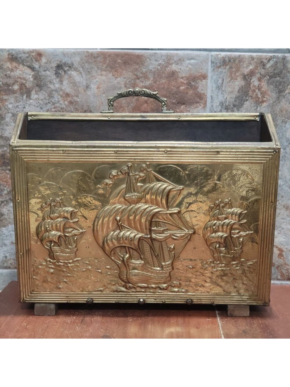 Antique Embossed Brass Fireplace Coal Box Magazine Bin Sailing Ships Vintage